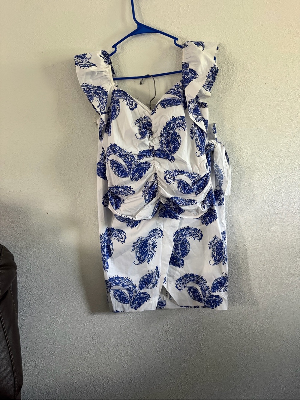 White House Black Market White and Blue Paisley top and Midi Skirt